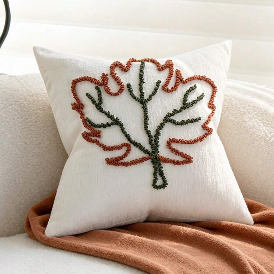 1件裝舒適楓葉植絨雪尼爾枕套 45x45cm,美感紋理柔軟裝飾靠墊套,適用於沙發、臥室與客廳的秋季居家裝飾(不含枕芯) - 白色 - 查看 1