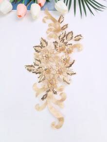 XDH2490 3D刺繡貼花配珠飾，適用婚紗、禮服、網紗蕾絲DIY表演服裝刺繡補丁，長39CM/寬16CM - 亮金色 - 查看 4