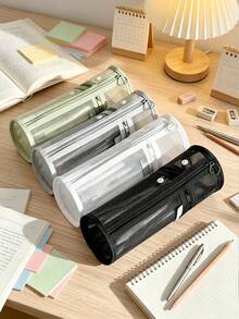 Tempat Pensil Jaring Transparan Minimalis Kapasitas Besar, Kantong Pena Tutup Flip-Top Warna Polos, Tas Penyimpanan Alat Tulis Portabel - MultiWarna - View 9
