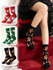 4 Pairs Christmas Theme Cartoon Mid-Calf Socks For Women Red Reindeer Snowman Gingerbread Man Christmas Tree Jacquard Cotton Socks Festive Atmosphere Versatile Celebration New Year Slouch Socks - Multicolor - View 7