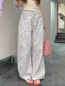 Women's White Denim Jeans With Fish Print, Spring/Autumn New Casual Loose Wide Leg Pants, Slimming Fit (Belt Not Included, Random Print) Vacation Fall - White - View 6