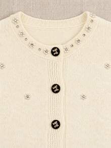 JIANHU White Faux Pearl Decorated Knit Cardigan - Autumn/Winter Cardigan, Adorned With Crystal Buttons And Exquisite Details. Fall - White - View 8