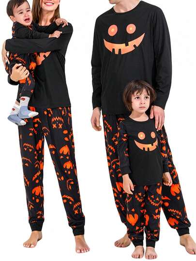 Family Matching Loungewear, Halloween Grimace Round Collar Long Sleeve Pullover + Long Pants, Patchwork Long Jumpsuit