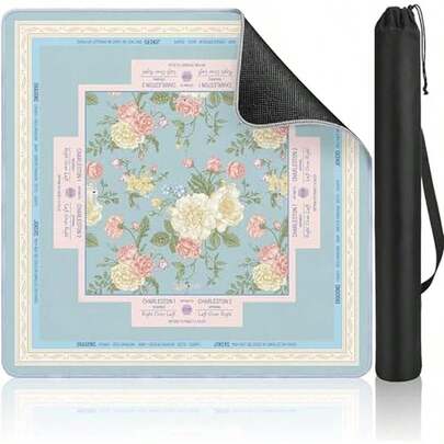 Mahjong Mat Table With Rules Mah Jong Mat Neoprene Travel Chinoiserie Floral Majong Learning Mat Instructions Mahjong Gifts Women Unique Non-Slip Rubber Pad, 31.5" X 31.5", Blue Flower
