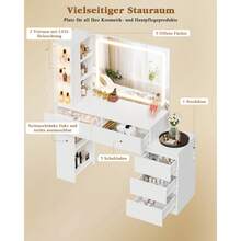 Devoko Vanity Table With LED Mirror, Dressing Table With 5 Drawers, 3 Illuminated Display Cabinets, Open Shelves, Bag Storage, Power Panel, And Selectable Chair Combination, White - 查看 5