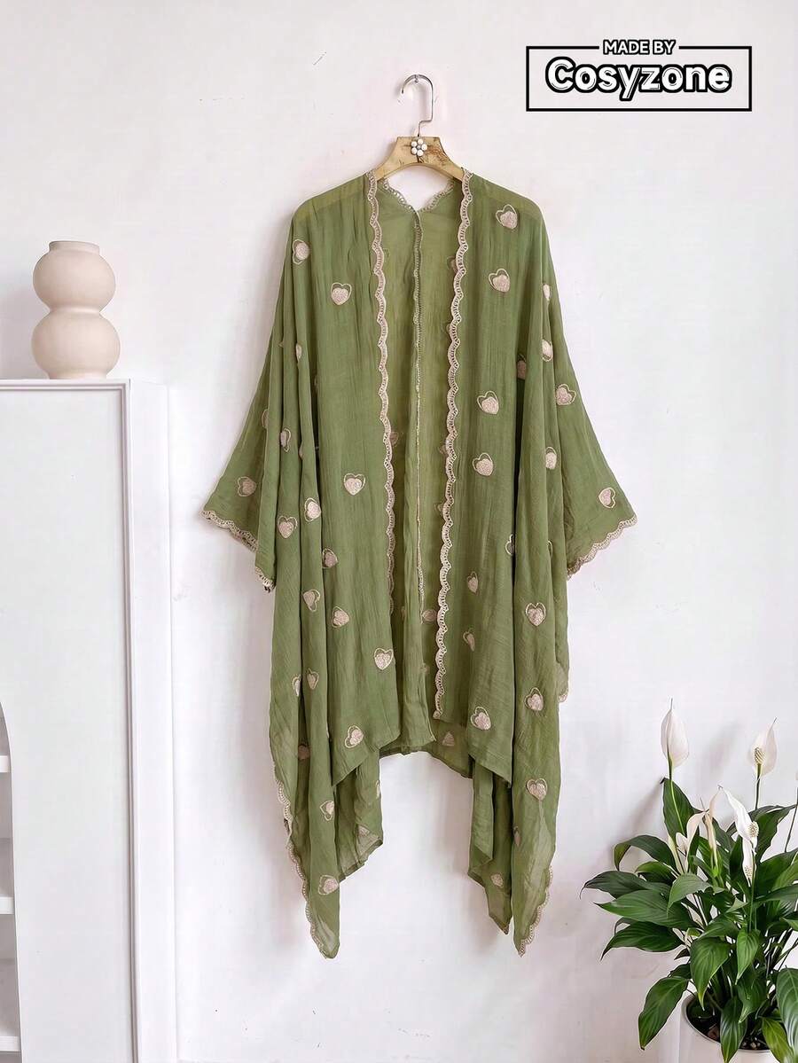 1件極簡心形刺繡開襟披肩女款和服/圍裙,春夏波希米亞風外套,海灘度假防曬裝飾刺繡開襟衫,適合日常搭配,送禮佳選 - 綠色 - 查看 1