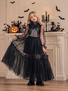 Tween Girl Black High Neck Mesh Patchwork Formal Dress, Suitable For Flower Girl Wedding, Birthday Party Princess Dress, Elegant Dress For Girls - Black - View 2
