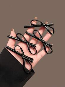 2pcs Black Leather Small Bow Alligator Hair Clips, Minimalist Korean Style Side Bangs Hair Clips, Versatile Commuter Hair Accessory - Black - View 3