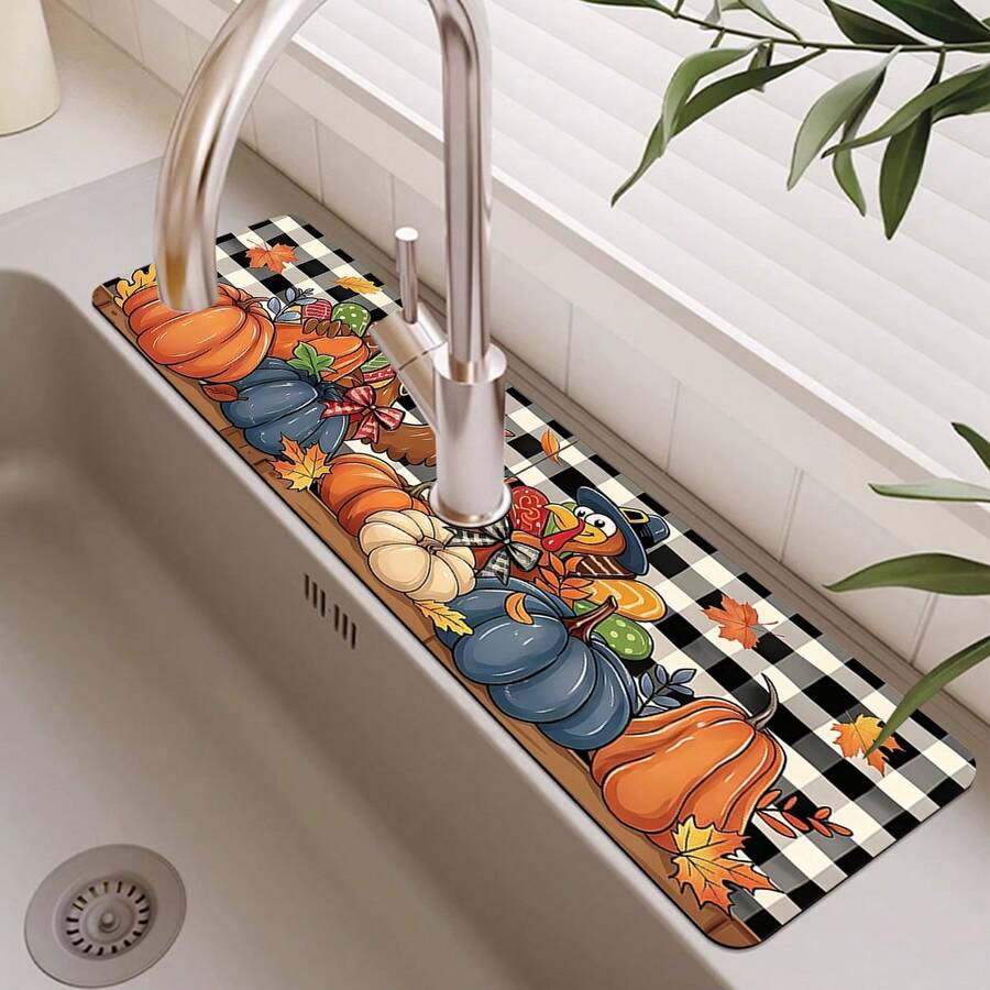 1pc Thanksgiving Multi-Color Pumpkin Pattern, Non-Slip Faucet Splash Guard, Bathroom Faucet Splash Pad, Mud Guard, Moisture-Proof Non-Slip Faucet Mat, Kitchen Countertop Accessory. Protect Your Kitchen Countertop, Thanksgiving Halloween Autumn Decoration Supplies. - Multicolor - View 1