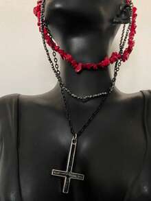 1pc Women's Pendant Necklace, Multi-Color Metal Material, Cross Punk Style, Multi-Layer Necklace, Suitable For Party, Music Festival, Clothing Accessory - Multicolor - View 3