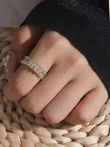 5pcs Fashionable Elegant Cubic Zirconia Geometric Copper Ring Set Suitable For Women Wedding Party Wear (Gift Box Not Included) - Yellow Gold - View 6