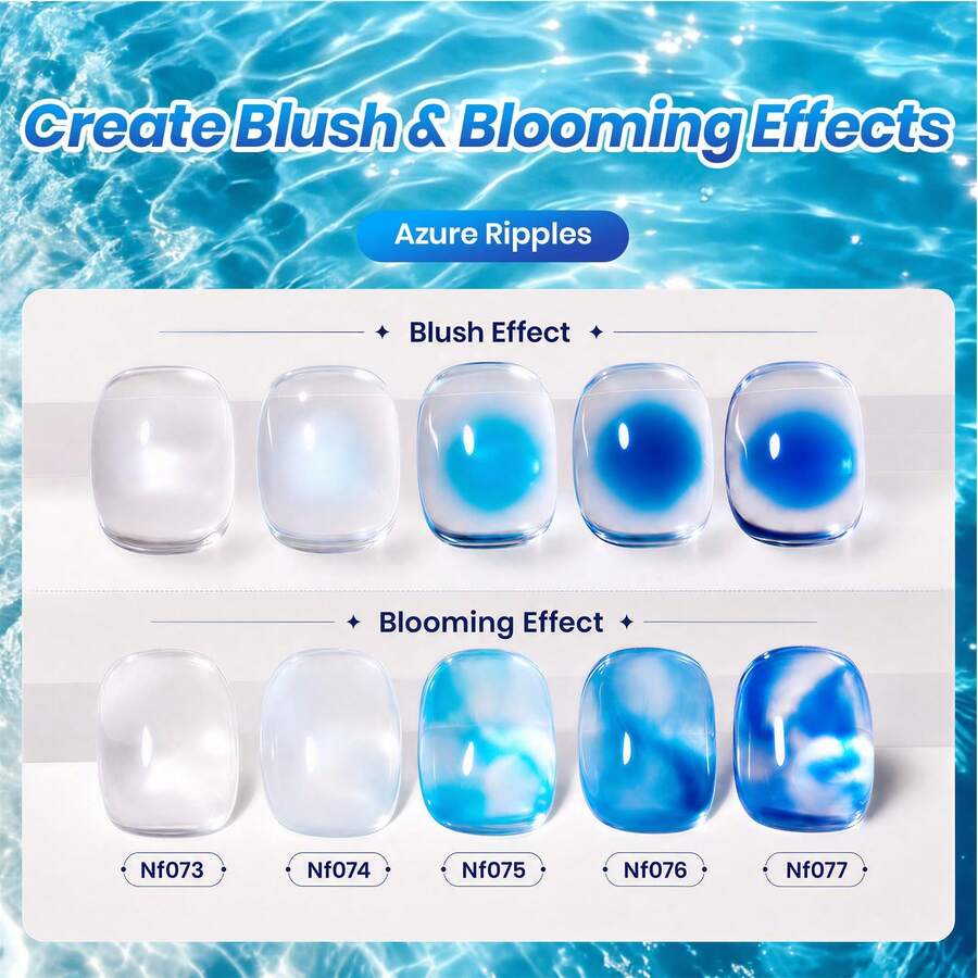 Beetles 5 Colors Blue Gel Nail Polish Set, 5 Azure Jelly Gel Polish With Blooming Gel, Water Ripple Effect, Double-Ended Dotting Pen, Soak Off UV LED - 5 Colors Blue Gel Nail Polish Set - 查看 1