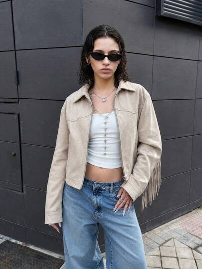 OUTTA BOX Elegant Beige Suedette Tassel Moto Jacket For Women Spread Collar Front Zipper Western Fringe Winter Clothes Casual Going Out Coat