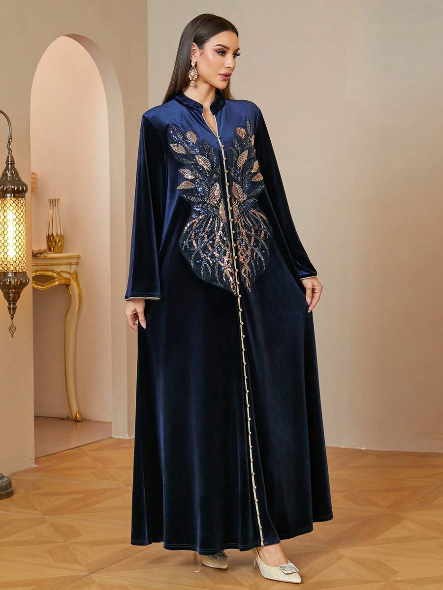 Middle East Autumn/Winter Elegant Women's Velvet Long Robe With Sequin Applique, V-Neck Abaya Long Dress For Home, Daily And Casual Wear