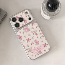 1pc Silver Frame Beige Litchi Texture Pink Rose Floral English Slogan Phone Case, Large Window Lens Full Coverage Soft Edge Hard Shell, Compatible With Apple Series, Gentle French Girl Style Anti-Drop Protective Case - Silver - View 7