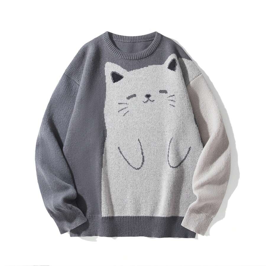 SAND SOUND Men's Colorblock Anime Cartoon Intarsia Knit Crew Neck Loose Streetwear Pullover Sweater - Grey - View 1
