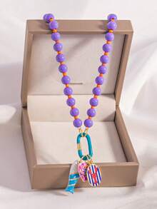 1pc Summer Beach Handmade Purple Beaded Necklace With Fish, Starfish, Heart And Colorful Tropical Fish Pendant For Women - Multicolor - View 2