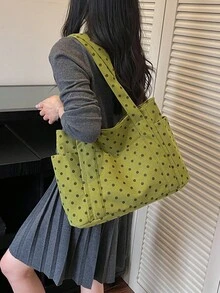新款波點大容量女款單肩包，百搭通勤尼龍布托特包，休閒腋下托特包，綠色多口袋波點印花設計手提包，極簡大容量女款單肩包，休閒大學生/研究生筆電包，時尚百搭大容量手提包，方便旅行與日常使用，極簡純色手提包 - 綠色 - 查看 3