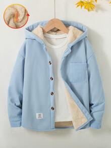 Boys' Casual Fashion Patch-Front Fleece Jacket With Pockets And Patch Design, Long Sleeve, Autumn/Winter - Blue - View 1