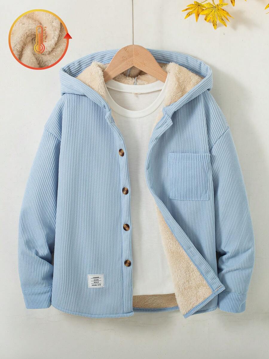 Boys' Casual Fashion Patch-Front Fleece Jacket With Pockets And Patch Design, Long Sleeve, Autumn/Winter - Blue - View 1