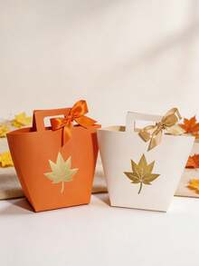 6pcs Fall Maple Leaf Paper Gift Boxes, Elegant Favor Boxes With Ribbon Handle, Mini Gift Packaging For Thanksgiving Table Favors, Wedding Guest Gifts, Party Souvenirs, Classroom Exchange, Boutique Packaging - 12.5X9.5X8cm - View 4