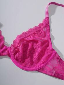 Women's Floral Wavy Edge Lace Underwire Bra With Adjustable Straps - Hot Pink - View 6