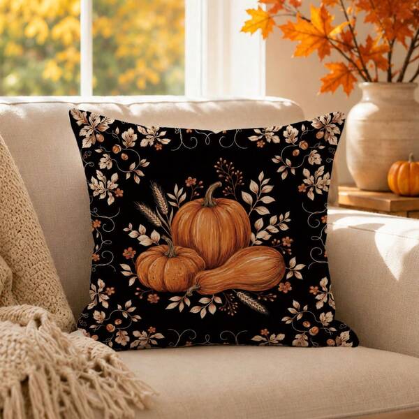 1pc Vintage Autumn Pumpkin Floral Cushion Cover, Single-Sided Printed Skin-Friendly Peach Skin Velvet Material, 45*45CM/18*18inch Pillowcase For Room Decor, Modern Fabric Sofa Indoor Decoration, Party Decoration, Gift Giving