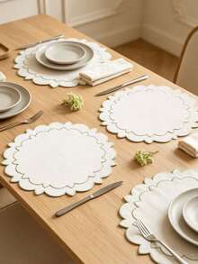 1-4pcs Gold Trim Double Layer Petal Embroidered Placemats, Korean Cream Style Fabric Round Wavy Edge Heat-Insulating Table Mats, Wedding Spring Afternoon Tea Table Decor - Multicolor - View 10