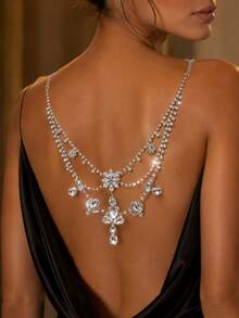 Luxury Hollow Sexy Rhinestone Body Chain, Fashion Shiny Bikini Body Jewelry Bra Chain, Lingerie Accessory - Silver - View 2