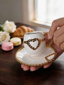 European Luxury White Ceramic Espresso Cup & Saucer Set, 100ml Small Capacity Gold Bead Handle Hollow Heart Design Mini Italian Coffee Cup, Elegant Afternoon Tea Tableware, Gift Choice For Women - Multicolor - View 4