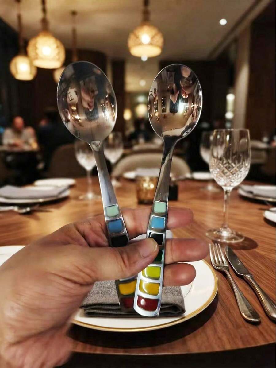 2件/5件/10件 不鏽鋼彩虹色湯匙,精緻家用進食與湯匙,創意彩虹手柄 - 銀色 - 查看 1