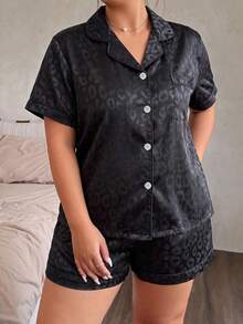 2pcs Plus Size Satin Leopard Print Short Sleeve Collared Top And Bow Shorts Women's Pajama Set Loungewear - Black - View 5
