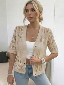 Hollow-Out Solid Color Simple Casual Fashionable Short Sleeve Knitted Cardigan For Women, Spring/Summer - Khaki - View 2