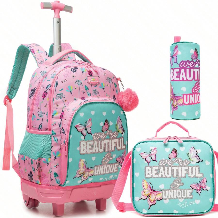 3pcs Girls Rolling Backpack Set, Includes Crossbody Bag And Pencil Case, Suitable For School Use, Back To School Season - Pink Green 18704T - View 1