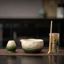1/4pcs Gradient Embossed Sakura Ceramic Matcha Tea Set, Matcha Bowl With Pour Spout, Bamboo Whisk, Whisk Holder & Chashaku Scoop, Japanese Tea Ceremony Kit Matcha Gift Set - Multicolor - View 10