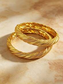 Gelang Motif Daun Berongga untuk Wanita, Gelang Manset Mewah Dubai Arab yang Dapat Ditumpuk, Perhiasan Retro Terbuka untuk Pesta Pernikahan, Set Gelang Tumpuk untuk Penggunaan Sehari-hari - Yellow Gold - View 5
