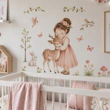 Cute Girl Deer Pattern Nursery Wall Decal, Forest Animal Wall Sticker, Little Girl Hugging Deer Wall Decor, Rabbit Butterfly Floral Tree Wall Art, Children's Bedroom Decoration, Removable Adhesive Sticker - Girl and Fawn - View 2