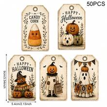 Vintage Halloween Gift Tags, 5 Styles Natural Ghost Pumpkin Candy Corn Hanging Labels, 20pcs/50pcs Vintage Halloween Gift Packaging Tags, Party Decorations, Holiday Atmosphere Props, Party Props, Party Favors - Multicolor-a - View 4