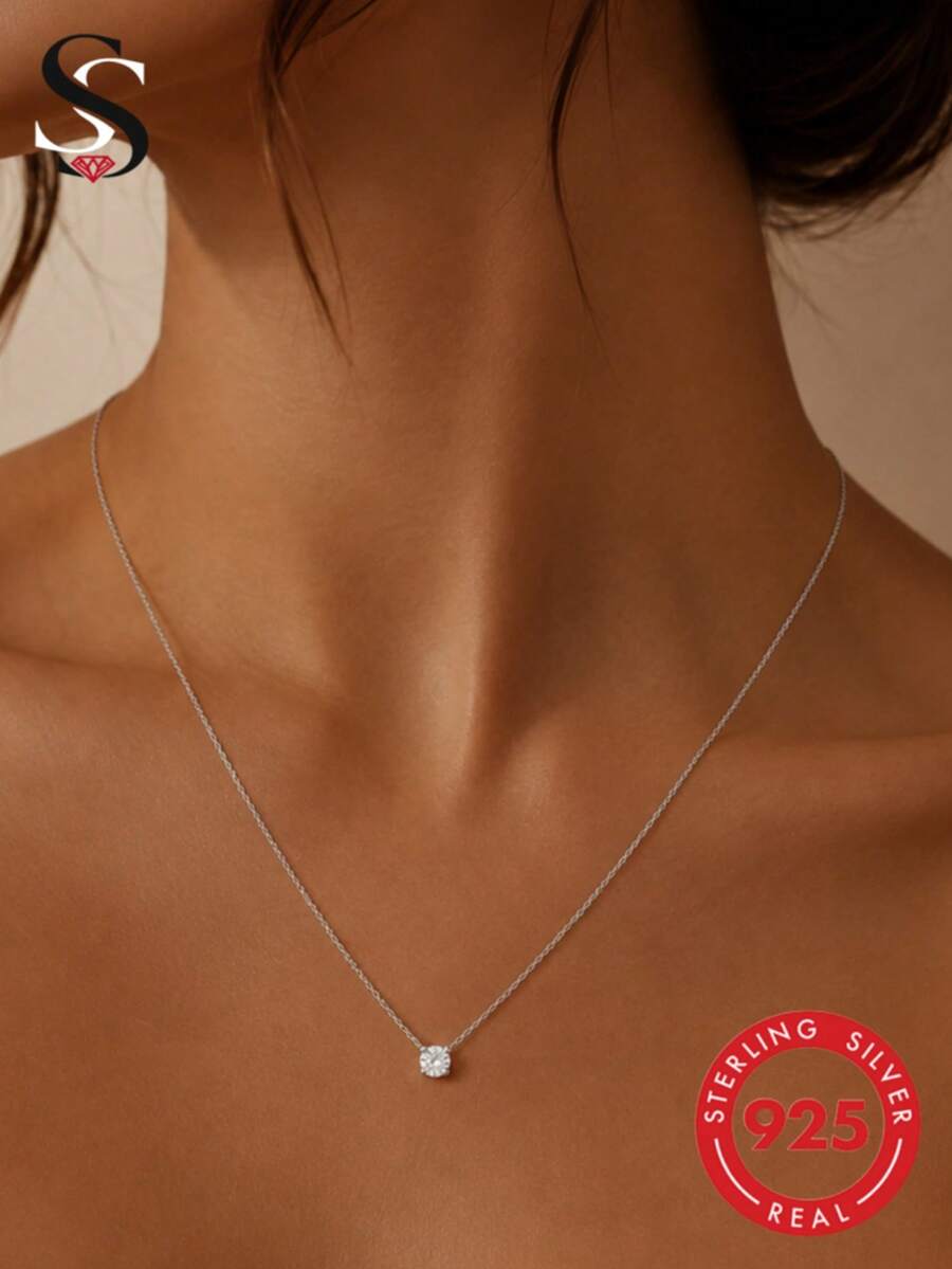 1pc Round Cubic Zirconia 925 Sterling Silver Necklace, Women's Letter Pendant Long Chain, Wedding Jewelry, Luxurious Exquisite Jewelry
