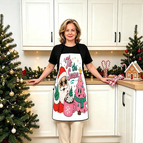 1pc Christmas Santa, Christmas Bell, Christmas Snowflake, Christmas Reindeer, Christmas Tree, Christmas Snowman, Christmas Penguin, Christmas Cartoon Animal Pattern Chef Apron, Apron, Suitable For Home Decor And Kitchen Use. Made Of 100% Polyester Material, Designed As Sleeveless Style, Perfect For Home Kitchen, Outdoor BBQ Cooking. This Printed Apron Is Unisex, Machine Washable And Reusable, An Essential Kitchen Item