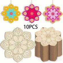 Unpainted Wooden Carving Flower Shape Craft Wood Slices, Flower Shape Wooden DIY Coloring Painting Slices For Painting, Festival, Home Decor - 彩色 - 查看 7