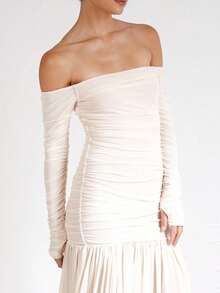 Damenmode Off-Shoulder langärmliges figurbetontes Kleid, Herbst/Winter Mesh transparentes Kleid, elegantes apricotfarbenes Cocktailparty-Abendkleid, sexy Outfit - Aprikosenfarben - Übersicht 4