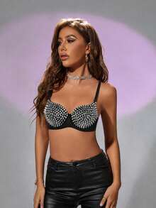 Apperloth A Y2K Orange Embellished Cropped Tank Top With Adjustable Straps, Fitted Bustier Summer - Silver - View 3