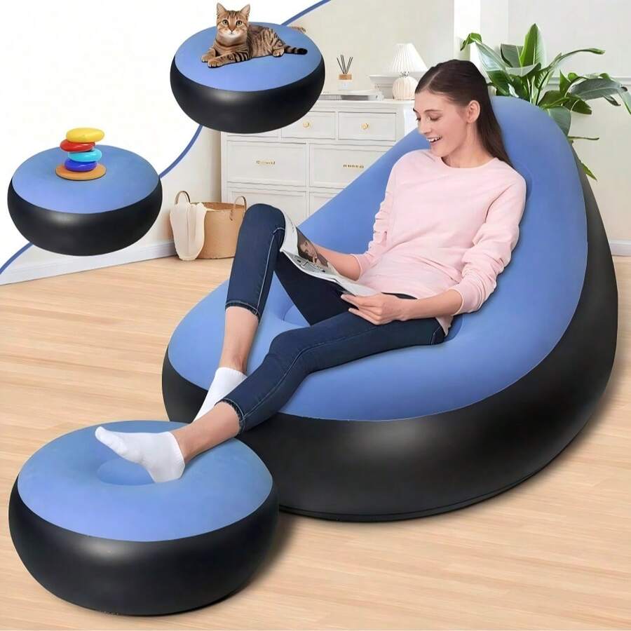 Inflatable Chair With Footrest, Flocked Surface Adult Inflatable Sofa, Comfortable Inflatable Air Cushion Chair, Waterproof Portable Inflatable Sofa, Camping Inflatable Sofa - Chair - View 1