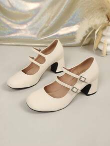 Women's Round Toe Double Buckle Square Buckle Chunky Heel Mary Jane Pumps, Vintage Solid Color Mid Heel Commute Party Dress Shoes - Beige - View 6