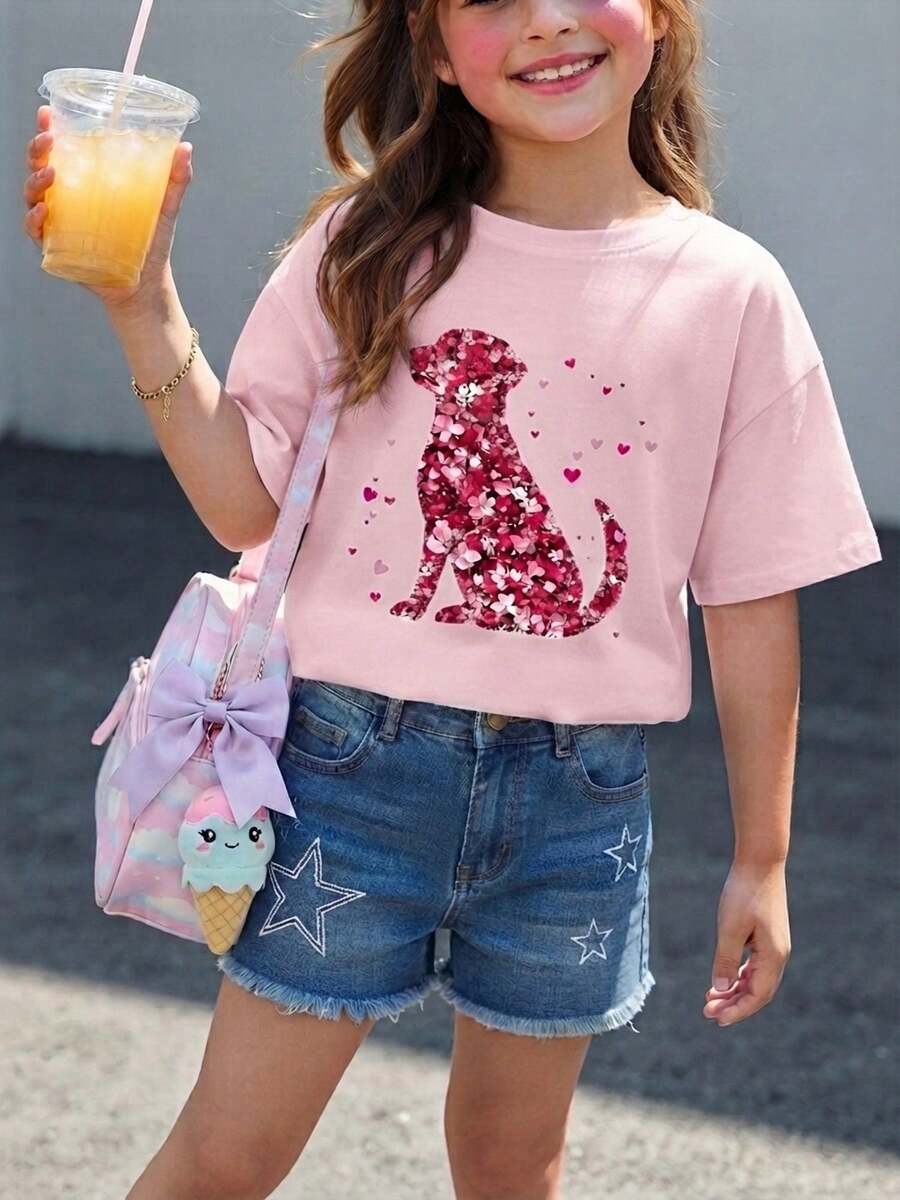 Camiseta Infantil Manga Curto Menino Menina Estampada Cachorro Florido Confortável 100% Algodão Leve Gola Redonda Estilosa - Rosa Bebê - Visão 1