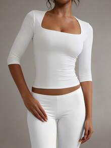 XLLAIS 3/4 Sleeve T-Shirt, Double-Layer Elastic Convertible Neckline, Fitted Top Spring Casual White - White - View 1