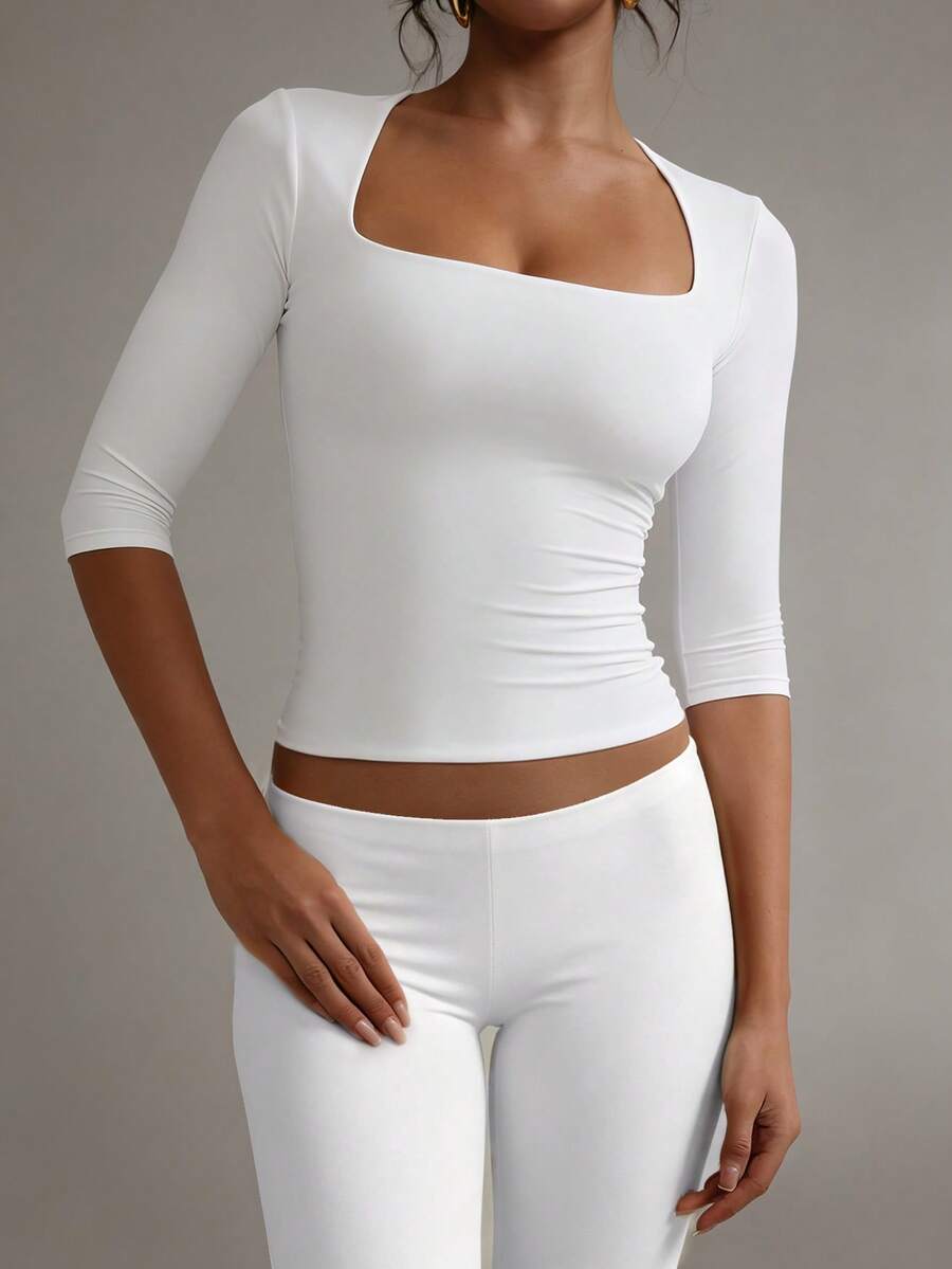 XLLAIS 3/4 Sleeve T-Shirt, Double-Layer Elastic Convertible Neckline, Fitted Top Spring Casual White - White - View 1