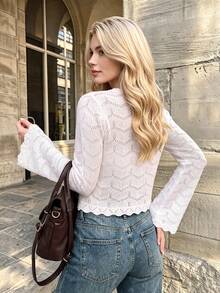 Women Summer Fall White Vintage Hollow Knit Cardigan, V Neck Button Flare Sleeve Crop Jacket, Y2K Sun Protection Tops For Daily Formal Fall Clothes - White - View 9