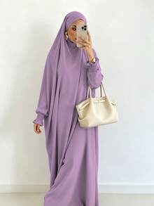 Solid Color Loose One-Piece Hijab Long Robe, Elastic Ribbed Cuffs Wide Sleeve Elegant Jilbab Robe, Muslim Women Daily Prayer Casual Outfit - Multicolor - View 3